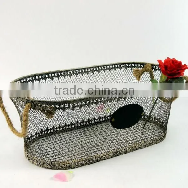Shabby and Chic Decorative Metal Basket With Wicker Hanging photo-3