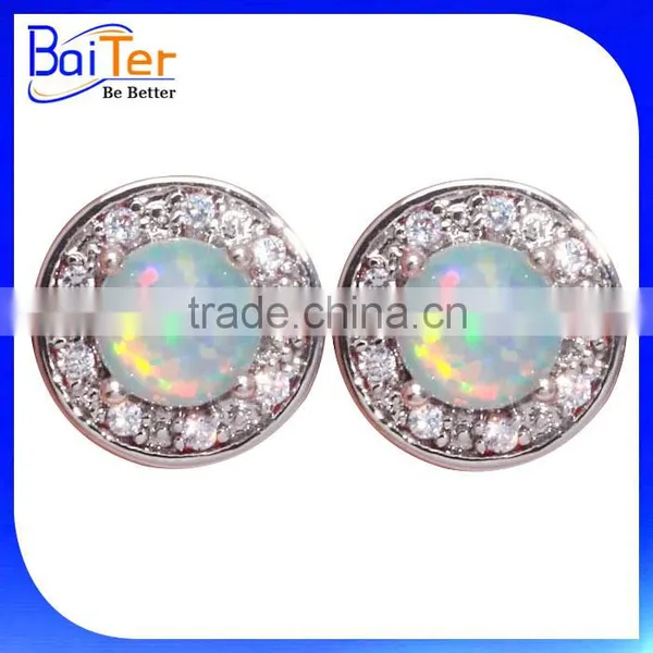 Man Made Synthetic Birthstone Opal Earring Stud Jewelry S925 Fire Opal Body Jewelry/925 Sterling Silver Round Opal Stud Earring photo-2