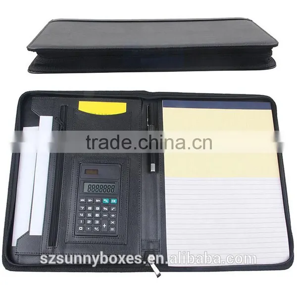 A4 Black PU/PVC Leather Zipper Notepad Portfolio With Calculator Quality Choice photo-5