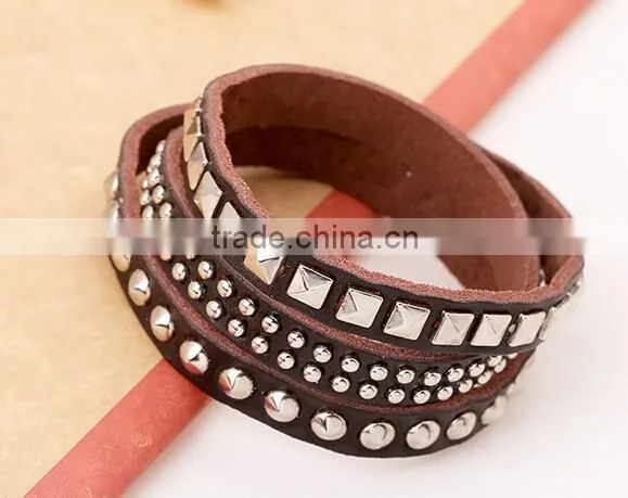 Fashion Vintage Men's Metal Steel Studded Surfer Leather Bangle Cuff Bracelet photo-2