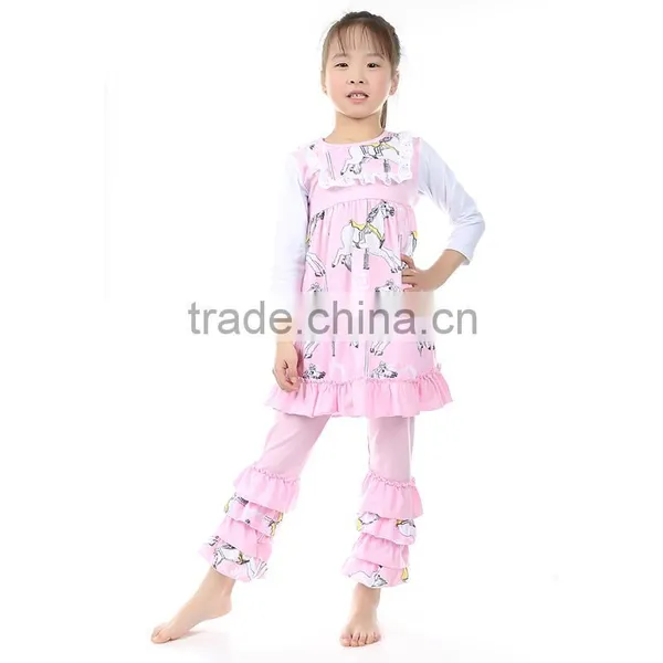 2016 New Pink Spring/summer Baby Girl Knitted Cotton 2pcs Boutique Clothing Set Lovely Baby Girl Spring Ruffle Pants Outfit photo-2