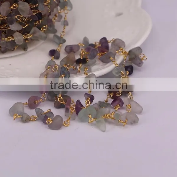 Natural Fluorite Nugget Quartz Chip Bead Rosary Chain, Gold Plated Wire Wrapped Chain photo-4
