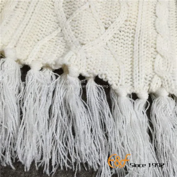 Ladies Crew Neck Tassels White Sweater Cape With Bowknot photo-5