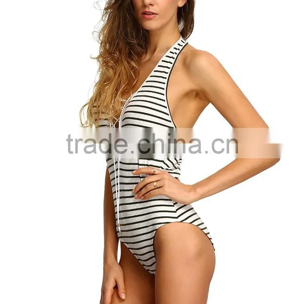 Women's 100% Polyester Lace Up Striped Backless Halter Bodysuit Ladies Sexy photo-3