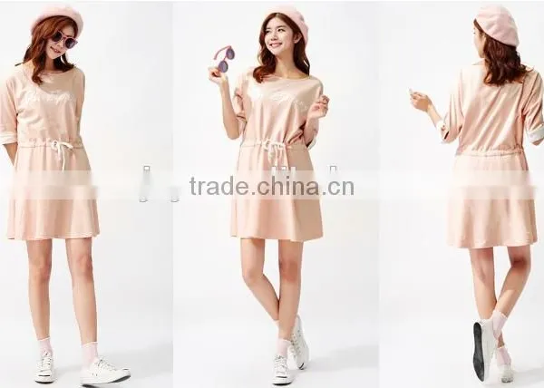 Women Sweet Pink Knitting Piece Before Printing the Waist Rope Bat Sleeve Dress photo-3