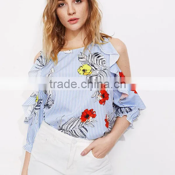 Frill Design Cold Shoulder Blue Stripe Top Ladies Floral Casual Blouse photo-5