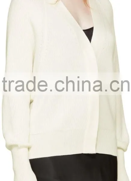 Raglan Sleeve Y-Neck Collared Ivory White Rib Knit Cashmere Cardigan for Women photo-3