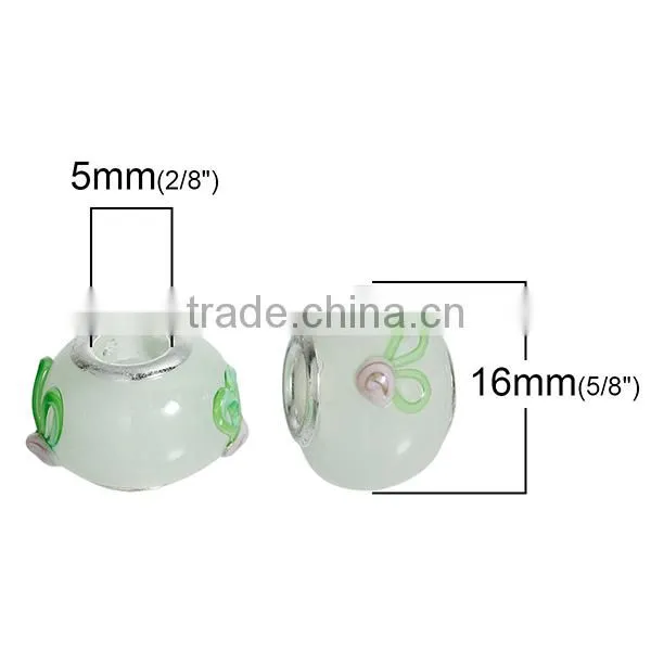 Round Silver Plated Core Light Green Flower Pattern Enamel European Style Large Hole 10mm Lampwork Glass Beads photo-2