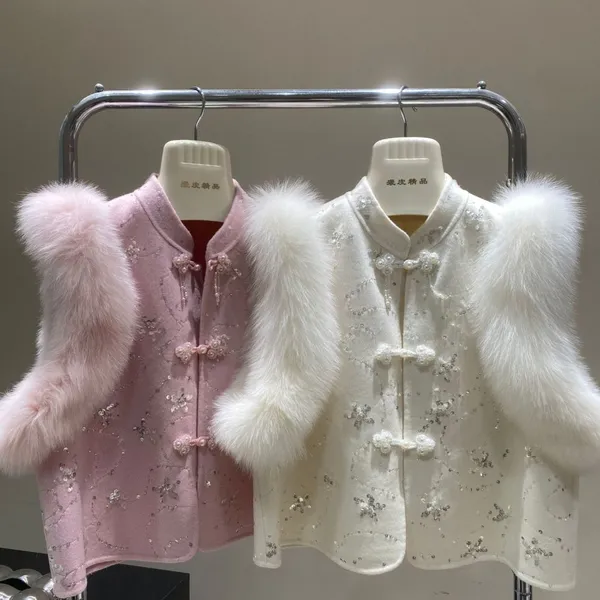 New Fox Fur Vest, Double-sided Wool Tweed Coat, Heavy Industry Vest, Chinese-style Button-down Short and Elegant Coat