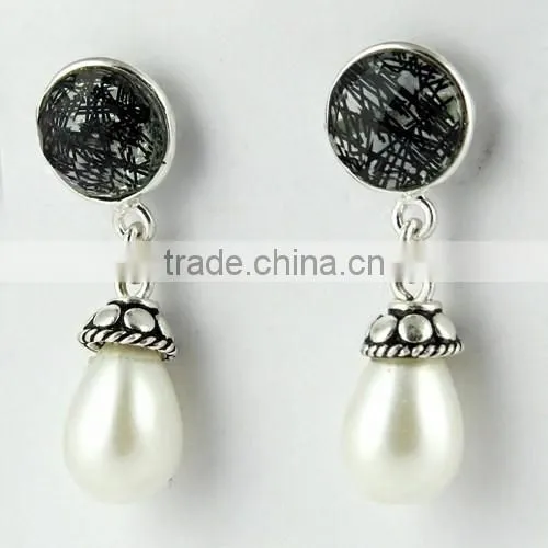 Most Clever Black Rutile & Pearl 925 Sterling Silver Earring, Gemstone Silver Jewelry, Handmade Silver Jewelry photo-5