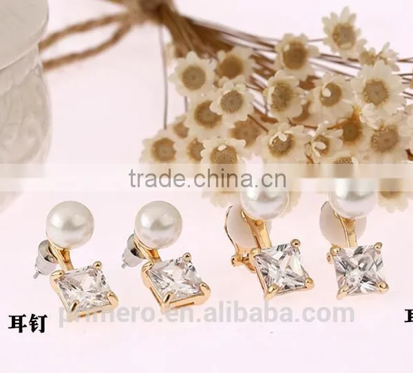 Gorgeous Design Pearl Top Quality Cubic Zirconia Bridal Dangle No Hole Earring photo-4