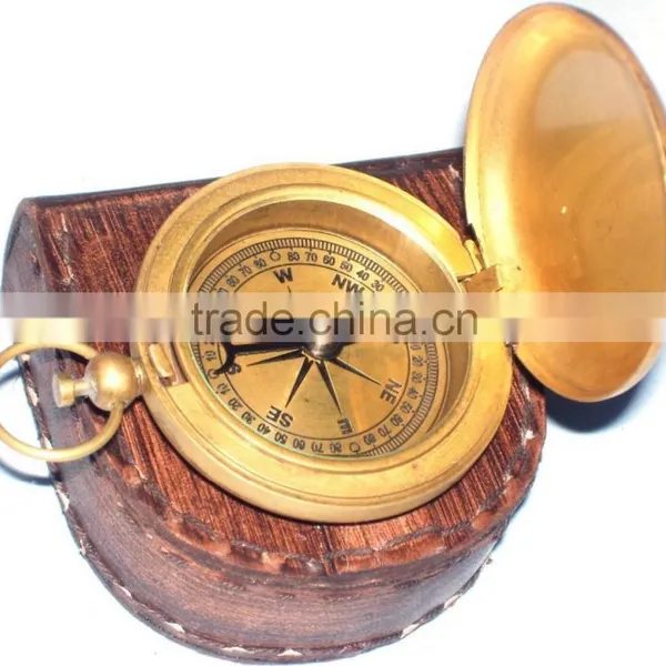 Antique Brass Maritime Gift - Push Button Nautical Compass With Leather Case 13500 photo-4