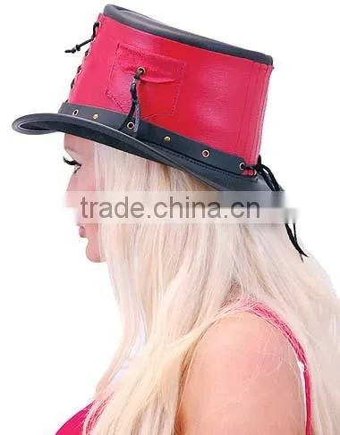 SteamPunk Red Lace Up Black Leather Top Hat W/Pocket photo-4