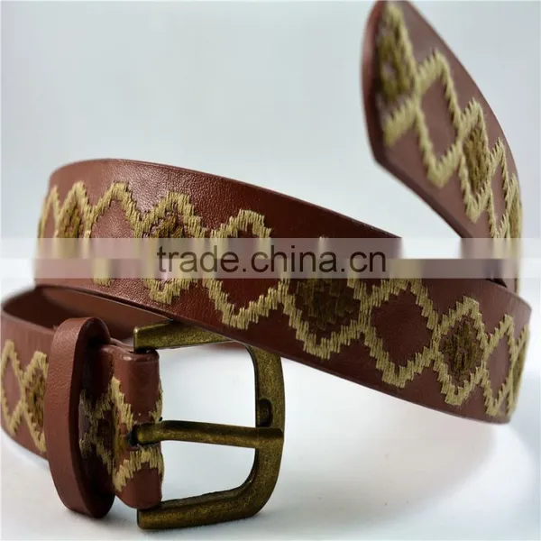 Manufacturer Antique Brass Buckle Geometric Embroidered pu Leather Belt for Women photo-3