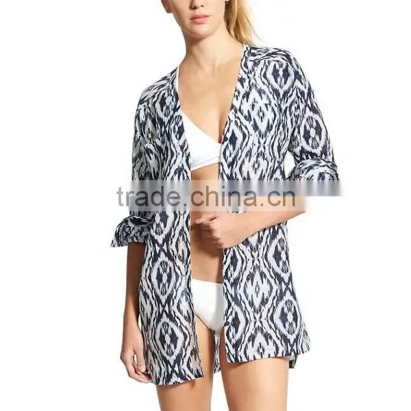 Swim Cover Up Women Lightweight Cotton Button-Down Shirt Dress Printed Kaftan Casual Long Sleeve Beach Wear Cover Up photo-2