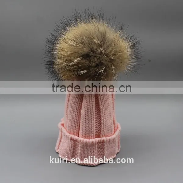Winter Kids Fur Pom Pom Hats Baby Knitted Beanie 100% Real Raccoon Fur Cap For Boy Girl photo-3