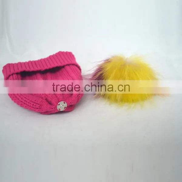Myfur Rose Color Girls Winter Wool Hat With Removable Raccoon Fur Pom Pom photo-6