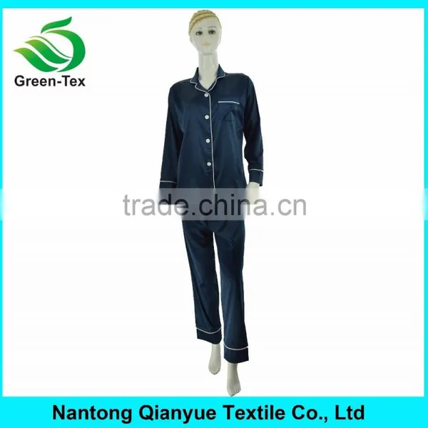 Women Navy Silky Polyester Satin Pajamas Sets