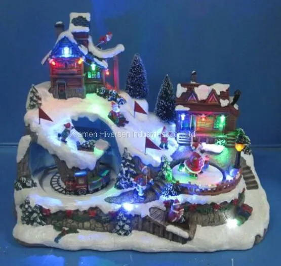 Polyresin Christmas Decoration 11“ Fiber Optic Church With Rotating Tree and Skating Childs, Eight Songs Music photo-4