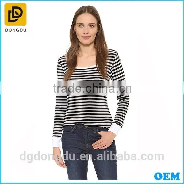 OEM China Factory Cheap Cotton White and Black Striipe Lady T Shirt 2016