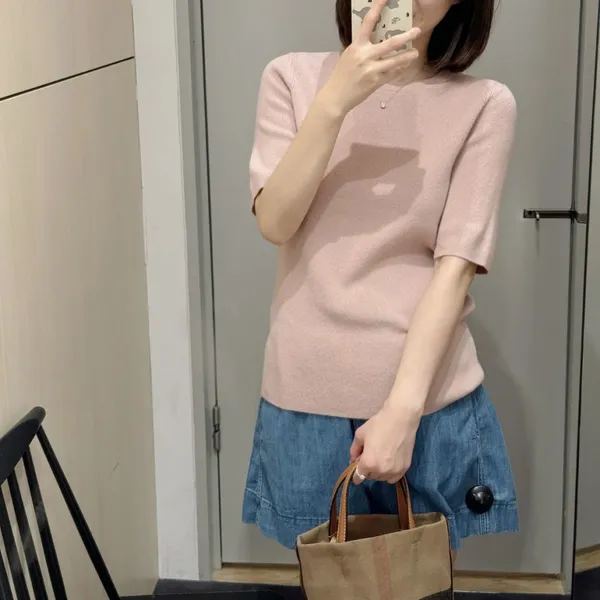 Standard Round-neck Knitted Cashmere T-shirt Pink 2025 Autumn New Product photo-2