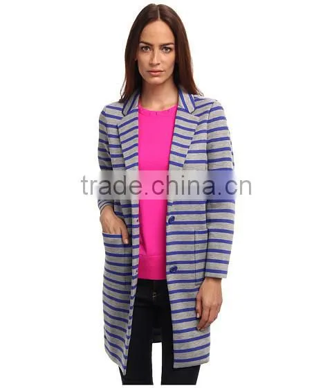 Notched Lapel Button Closure Stripe Coat