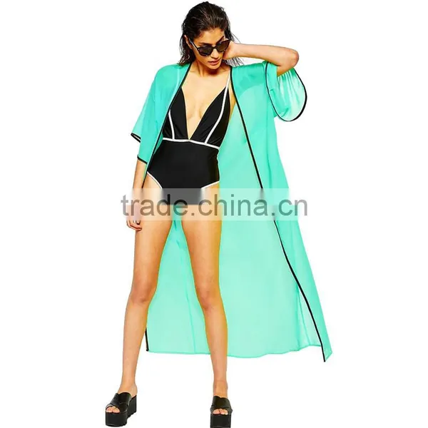 Summer Beach Style Women Beachwear Cover Up Beach Ladies Sexy Contrast Trim Long Beach Kimono Style Swimwear photo-3