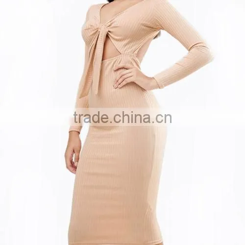 Sexy Women Bodycon Long Sleeve Plunge Neck Backless Lace-up Party Dress M photo-2