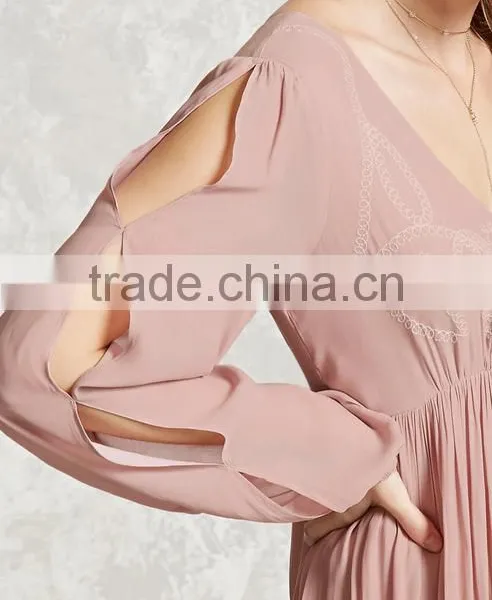Woman Long Vented Sleeve Scoop Neck Self-Tie Back Stripe Chiffon Emroidered On the Front Dress photo-6