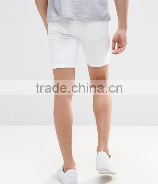 Latest Custom Functional Pocket Men's White Super Skinny Slim Fit 65% Cotton 35% Polyester Denim Concealed Fly Casual Hot Shorts photo-2