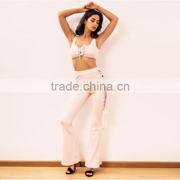 Runwaylover 100 New Fashion 2017 Ladies Suits , Women Sexy Crop Tops And Hollow Out Flared Pants photo-5