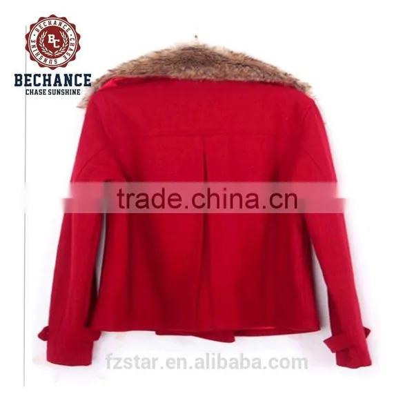 Wholesale Customized Women Fashion Short Red Wool Coat With Wide Faux Fur PQ214 photo-2