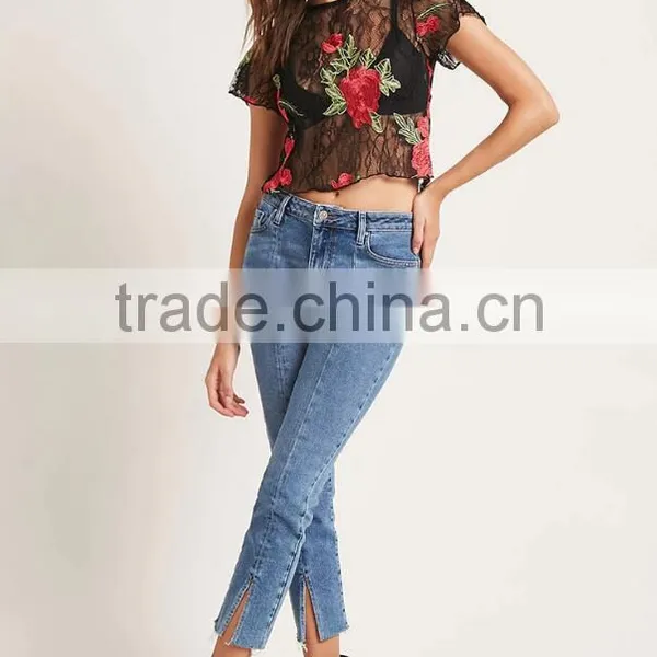 Guangzhou Shandao OEM Service Summer New Design Fashion Short Sleeve Black Lace Embroidered Womens Crop Top photo-5