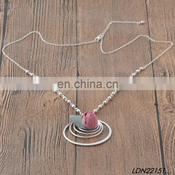 Beautiful Sterling Silver Concentric Circle Flower and Leaf Pendant Fashion Long Charm Geometric Necklace photo-3
