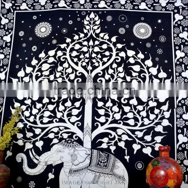 Indian Tapestry Cotton Tree Elephant Print Black Vintage Wall Hanging Tapestries Throw Bedsheet photo-2