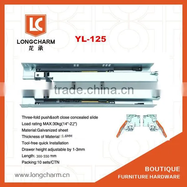 Max loading rate 30kgs push open soft close drawer slide