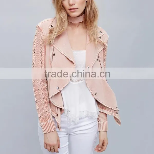 New Arrivals Autumn Winter Cropped Crochet Moto Ruffled Fashion Pink Jacket Girls photo-2