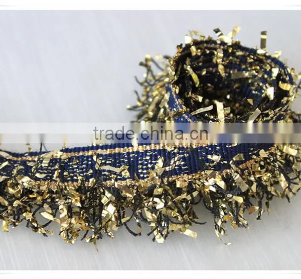 China Fancy Novelty Metallic Blue Tape With Gold Lurex Tassel Fringe Trim photo-5