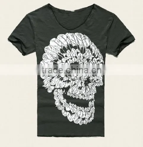 2016 Men Deep V Neck Summer Cotton Skull Print Slim T Shirt photo-6
