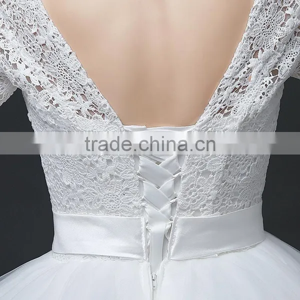 MGOO Custom Made Less 100 USD Tulle Lace Applique Wedding Dress Slash Neck 3/4 Sheer Neck Elegant Handmade photo-5