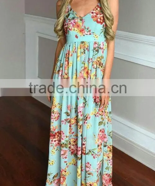 ShiJ 2017 Summer Latest Backless Floral Print Women Long Chiffon Maxi Dresses