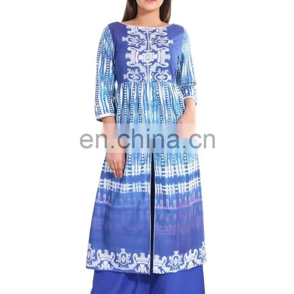 Designer Long Dress Cotton Flared Front Open Slit Boat Neck Blue Color 3/4 Sleeve For Women Manufacturer of Kurti India