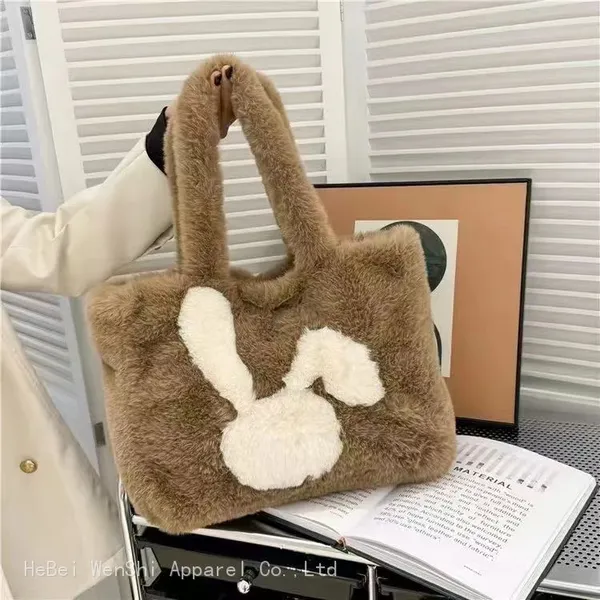 34Autumn and Winter Plush Bag Square Large Capacity Tote Women's Bag Soft Handbag Shoulder Cute Rabbit Pattern Fashion Fur Bag Wholesale photo-3