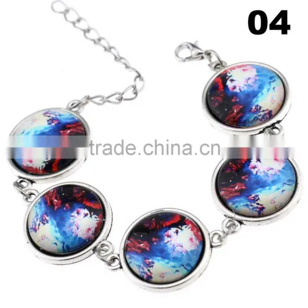 Wholesale Cabochon Glass Nebula Bangle -Galaxy Space -Novelty Metal Cuff Chain Bracelet photo-5