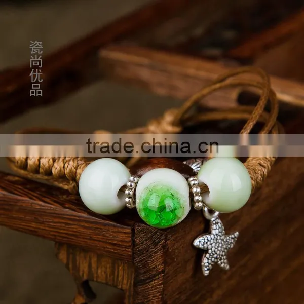 Handmade Vintage Porcelain Beads Bracelet Leather Woven Bracelets photo-3