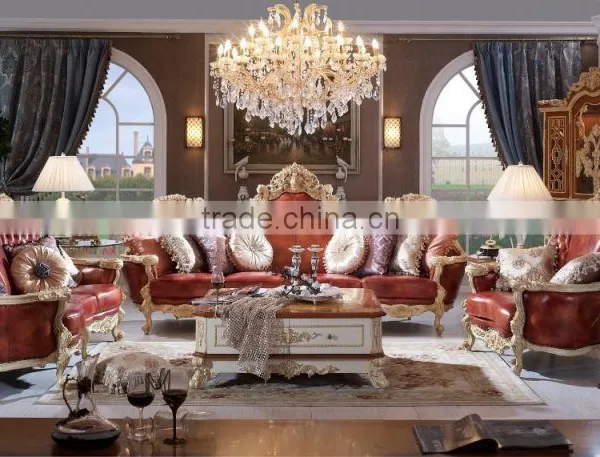 Luxury Solid Wood Red Leather Sofa, Royal Living Room Leather Sofa photo-2