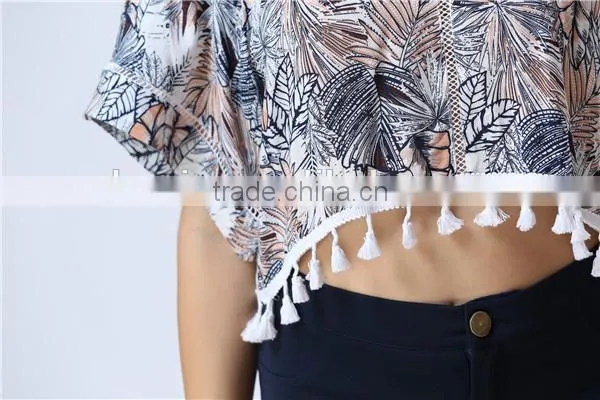 New Print Leaf Print Fashion Crop Tops With Tassels Hem for Women photo-6