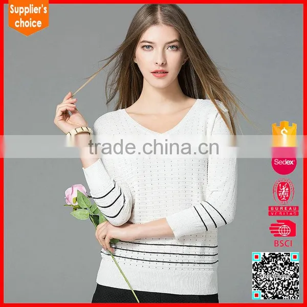 Latest Long Sleeves Woman Striped v Neck Sweater Breathable Knitwear
