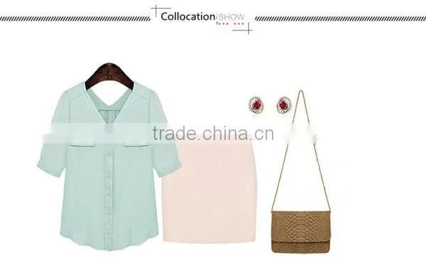 New Design 2 Colors Choice V Neck Short Sleeve Plus Size Women Chiffon Fabric Shirt photo-4