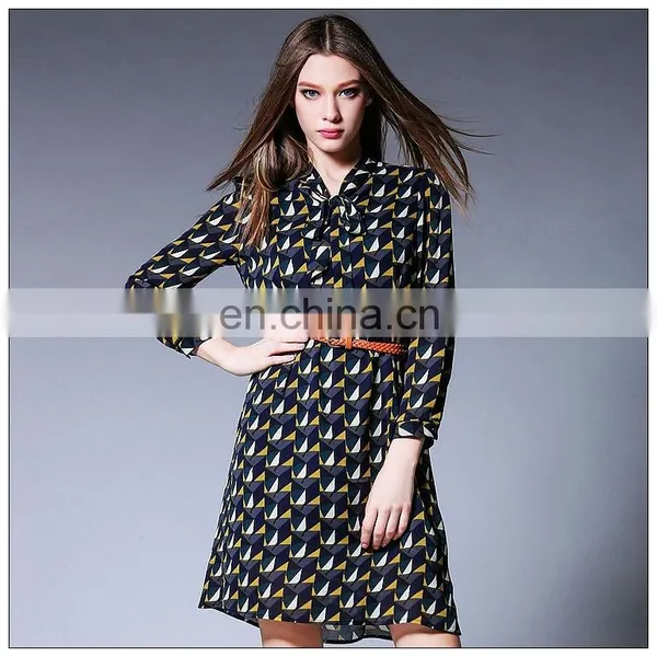 Side Vent Open Chiffon Print Dress Hot Sell Styles Chiffon Bow Dress photo-2